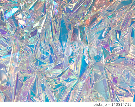 Crumpled iridescent holographic foil surface with prismatic rainbow color shift and crystal facet texture Crumpled iridescent holographic foil surface with prismatic rainbow color shift and crystal facet texture 140514713