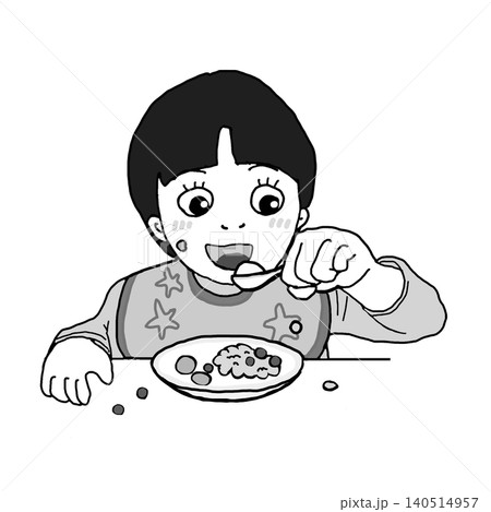 食事をする子ども(白黒) 140514957
