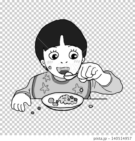 食事をする子ども(白黒) 140514957