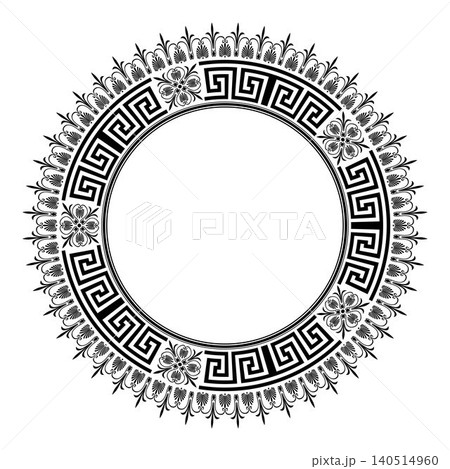 Greek key meander border. Oval greek vector frame. Round frame with Greek motifs. Black and white vector illustration. For classic border design, textile, embroidery, porcelain, plate  140514960