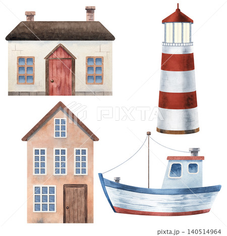 Hand painted watercolor collection featuring lighthouse, fishing boat and coastal houses. Charming northern seaside clipart set for nursery decor, stationery, fabric design and branding Hand painted watercolor collection featuring lighthouse, fishing boat and coastal houses. Charming northern seaside clipart set for nursery decor, stationery, fabric design and branding 140514964