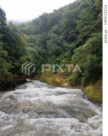 Powerful mountain river stream flowing through a lush green forest. 140515211
