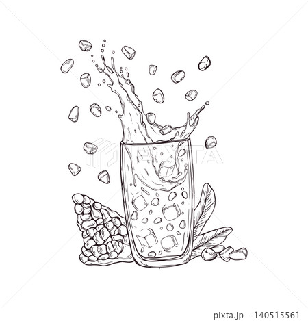 Pomegranate juice splash in glass with ice cube and fruit seed line art black ink sketch. Hand drawn refreshing summer drink etching drawing. Beverage menu design element and decorative food art. Pomegranate juice splash in glass with ice cube and fruit seed line art black ink sketch. Hand drawn refreshing summer drink etching drawing. Beverage menu design element and decorative food art. 140515561