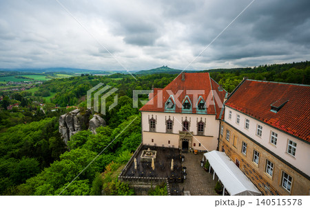 View from the tower of Hruba Skala Castle over the landscape of Bohemian Paradise (Cesky raj), Czech Republic, with silhouette of Trosky Castle ruin in the distance under dramatic soft sky panorama View from the tower of Hruba Skala Castle over the landscape of Bohemian Paradise (Cesky raj), Czech Republic, with silhouette of Trosky Castle ruin in the distance under dramatic soft sky panorama 140515578