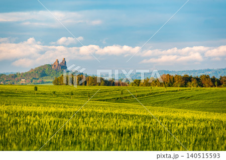 Panoramic view of Bohemian Paradise landscape with Trosky Castle ruin rising above hills, soft sunset light, dramatic clouds and light mist, barley fields in foreground landscapes Panoramic view of Bohemian Paradise landscape with Trosky Castle ruin rising above hills, soft sunset light, dramatic clouds and light mist, barley fields in foreground landscapes 140515593
