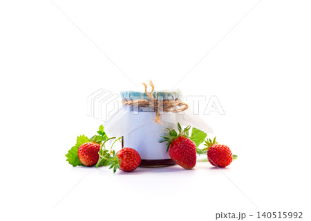 Sweet strawberry jam with leaves and blossom Sweet strawberry jam with leaves and blossom 140515992