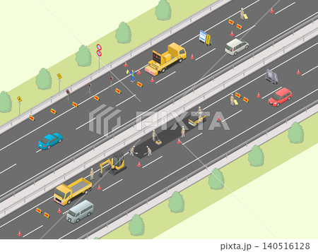 アイソメトリック図法で描いた工事中の高速道路のイメージ(緑地) アイソメトリック図法で描いた工事中の高速道路のイメージ(緑地) 140516128