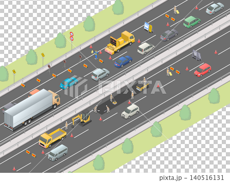 An image of a congested highway due to construction, drawn using isometric projection (plain background). An image of a congested highway due to construction, drawn using isometric projection (plain background). 140516131