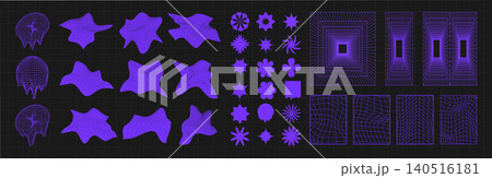 Cyber distorted grid, punk perspective rectangular tunnels and y2k psychedelic elements set. Grid geometry tunnel, elements on black background. Trendy futuristic vector illustration. Cyber distorted grid, punk perspective rectangular tunnels and y2k psychedelic elements set. Grid geometry tunnel, elements on black background. Trendy futuristic vector illustration. 140516181