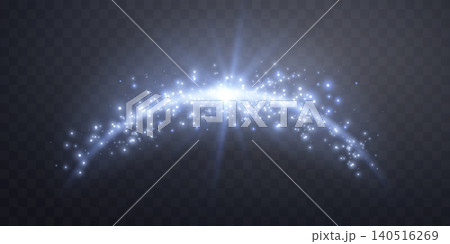 Blue magic arch with glowing particles, sunlight lens flare. Neon realistic energy flare arch. Abstract light effect on a transparent background. Vector illustration. 140516269