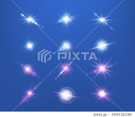 Pink and blue lens flares set. Isolated on blue background. Sun flash with rays or spotlight and bokeh. Glow flare light effect. Vector illustration. 140516296