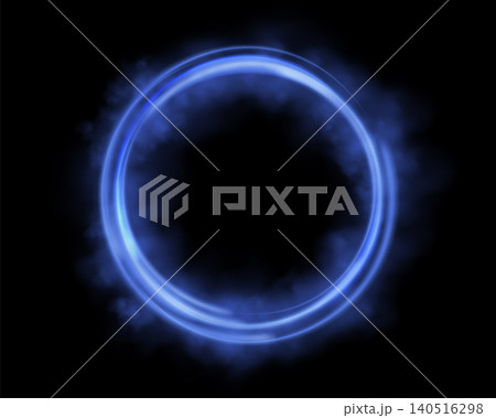 Glowing blue magic ring. Neon realistic energy flare halo ring. Abstract light effect on a black background. Vector illustration. 140516298