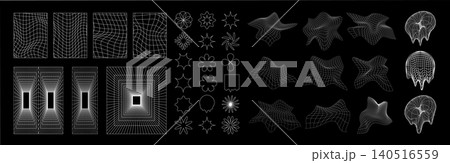 Cyber distorted grid, punk perspective rectangular tunnels and y2k psychedelic elements set. Grid geometry tunnel, elements on black background. Trendy futuristic vector illustration. Cyber distorted grid, punk perspective rectangular tunnels and y2k psychedelic elements set. Grid geometry tunnel, elements on black background. Trendy futuristic vector illustration. 140516559
