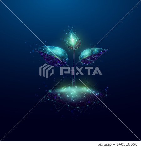 Plant sprout. Growing plant in low poly wireframe style. Abstract modern 3d vector illustration on dark blue background. Plant sprout. Growing plant in low poly wireframe style. Abstract modern 3d vector illustration on dark blue background. 140516668