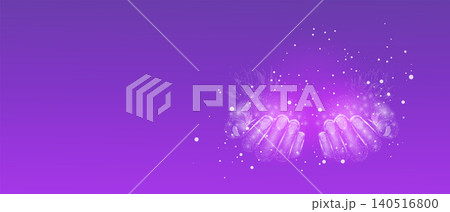Two human hands. Wireframe glowing low poly hands. Design on purple background. Abstract futuristic vector illustration Two human hands. Wireframe glowing low poly hands. Design on purple background. Abstract futuristic vector illustration 140516800