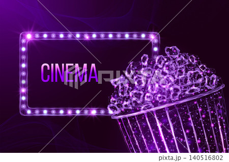 Pop corn wireframe and light billboard. Movie night poster template with glowing low poly tasty snack. Futuristic modern abstract. Isolated on dark background. Vector illustration. Pop corn wireframe and light billboard. Movie night poster template with glowing low poly tasty snack. Futuristic modern abstract. Isolated on dark background. Vector illustration. 140516802