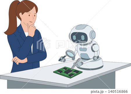Businesswoman watching smart AI robot examine electronic microchip with magnifying glass vector illustration 140516866