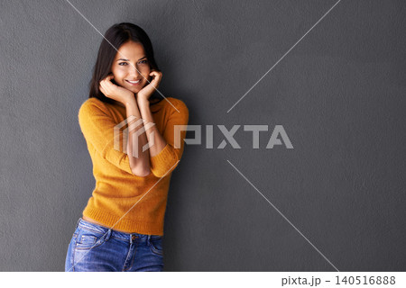 Fashion, female model and hands in portrait or studio, trendy or cool in gray background. Woman, smile and happy with confidence or pride in mockup space, stylish and edgy in casual outfit or clothes Fashion, female model and hands in portrait or studio, trendy or cool in gray background. Woman, smile and happy with confidence or pride in mockup space, stylish and edgy in casual outfit or clothes 140516888