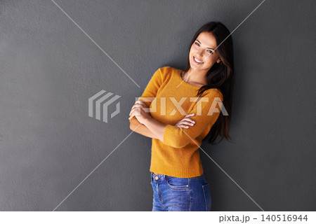 Portrait, mockup and face of Mexican woman in fashion with smile, clothes and sweater isolated on gray background. Female person, adult and model for clothing line, stylish and fashionable by studio 140516944