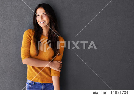 Woman, smile and portrait for clothes, fashion and style for weekend or indoor. Female person, model and happy with jersey for casual outfit, stylish and fashionable on gray backdrop on mockup Woman, smile and portrait for clothes, fashion and style for weekend or indoor. Female person, model and happy with jersey for casual outfit, stylish and fashionable on gray backdrop on mockup 140517043
