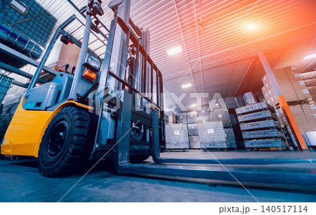 Forklift loader. Pallet stacker truck equipment at warehouse 140517114