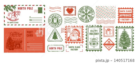 Christmas stamp. Vintage holiday postcard sticker. Retro postage label with festive Santa Claus, snowflake, Christmas tree. Grunge texture mail postmark. Vector set Christmas stamp. Vintage holiday postcard sticker. Retro postage label with festive Santa Claus, snowflake, Christmas tree. Grunge texture mail postmark. Vector set 140517168