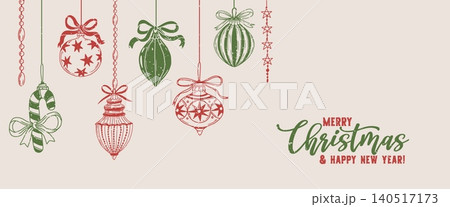 Christmas decoration background. New Year poster. Hand drawn festive card with hanging Christmas tree toys and balls. Holiday winter greeting card. Vector illustration 140517173