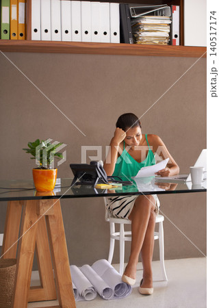Stress, business or woman with headache, documents or payroll accident in office for finance, savings or budget review. Financial, disaster or female accountant with paper mistake, crisis or vertigo 140517174