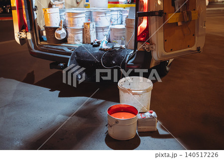 Road marking crew truck interior - night highway line painting equipment and materials Road marking crew truck interior - night highway line painting equipment and materials 140517226