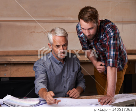 Architecture, blueprint and men discussing for design with collaboration in workplace of workshop. Teamwork, male people and employees with floor plan in company for construction industry in New York Architecture, blueprint and men discussing for design with collaboration in workplace of workshop. Teamwork, male people and employees with floor plan in company for construction industry in New York 140517362
