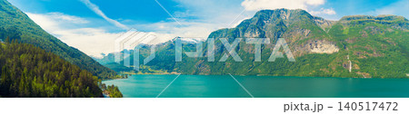 Aerial panoramic view of the Oppstrynsvatnet. Beautiful nature of Norway. Horizontal banner Aerial panoramic view of the Oppstrynsvatnet. Beautiful nature of Norway. Horizontal banner 140517472