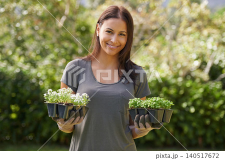 Portrait, smile and woman gardening with plant, sprout or checking leaf growth outdoor. Backyard, sustainability and face of female person in outside garden for lawn, grass or asylum seedling soil Portrait, smile and woman gardening with plant, sprout or checking leaf growth outdoor. Backyard, sustainability and face of female person in outside garden for lawn, grass or asylum seedling soil 140517672
