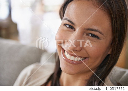 Woman, portrait and smile in apartment for relax weekend or holiday break for day off, resting or living room. Female person, face and couch in home in Mexico for calm vacation, carefree or peace Woman, portrait and smile in apartment for relax weekend or holiday break for day off, resting or living room. Female person, face and couch in home in Mexico for calm vacation, carefree or peace 140517851