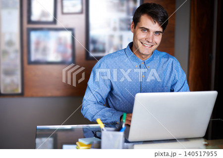 Businessman, laptop and portrait in workplace professional, salesman and working in office. Male person, smile and happy with computer or research, corporate and technology or connectivity or project Businessman, laptop and portrait in workplace professional, salesman and working in office. Male person, smile and happy with computer or research, corporate and technology or connectivity or project 140517955