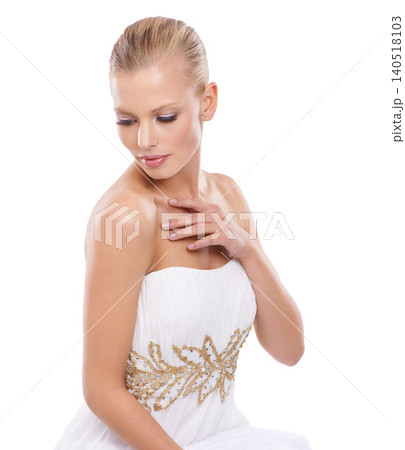 Woman, bride and wedding gown in studio on white background in confidence for bridal fashion. Female person, classy and glamour in elegant dress design for love, anniversary and celebration. 140518103