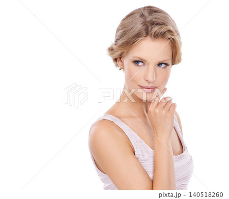 Thinking, beauty mockup and face of woman on a white background for skincare, wellness and health. Dermatology, salon aesthetic and isolated person with makeup, natural skin and cosmetics in studio 140518260