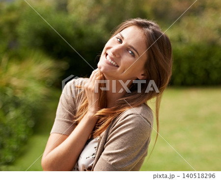 Woman, holiday and closeup for portrait, garden and smile in outdoor environment with getaway. Female person, happy and confident in outside, summer and vacation background for relaxation and park Woman, holiday and closeup for portrait, garden and smile in outdoor environment with getaway. Female person, happy and confident in outside, summer and vacation background for relaxation and park 140518296