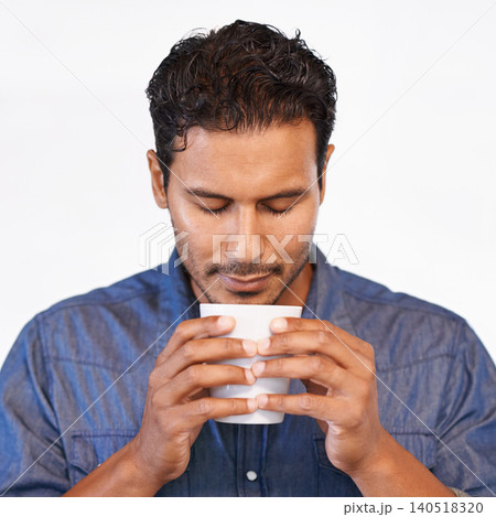 Calm, man and drink of coffee in morning with peace, happiness and breathe in aroma of espresso. Happy, person and relax with latte, matcha or tea in white background of studio with mock up space Calm, man and drink of coffee in morning with peace, happiness and breathe in aroma of espresso. Happy, person and relax with latte, matcha or tea in white background of studio with mock up space 140518320