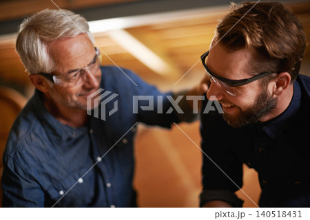 Support, father and son in a workshop, architect and family with renovation and safety glasses. Parent, men and teamwork with construction job and building with planning for project and cooperation Support, father and son in a workshop, architect and family with renovation and safety glasses. Parent, men and teamwork with construction job and building with planning for project and cooperation 140518431