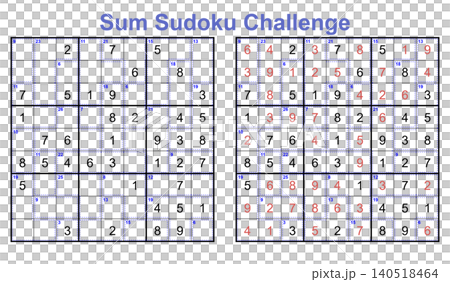Sum sudoku challenge 9x9 killer puzzle logic game worksheet with mathematical cages and solution 140518464