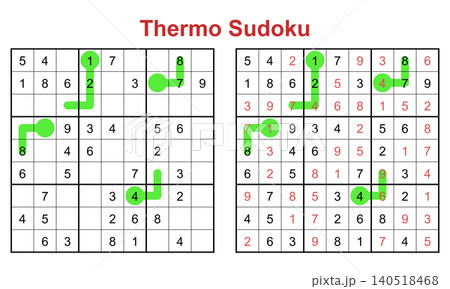 Thermo sudoku 9x9 grid puzzle board game worksheet with green thermometers and answer key Thermo sudoku 9x9 grid puzzle board game worksheet with green thermometers and answer key 140518468
