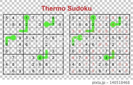 Thermo sudoku 9x9 grid puzzle board game worksheet with green thermometers and answer key Thermo sudoku 9x9 grid puzzle board game worksheet with green thermometers and answer key 140518468