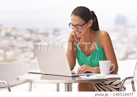 Reading, outdoor and woman in city with laptop for remote work, business and research for trading stocks. Happy, entrepreneur and investor with coffee on balcony with analysis of news on computer Reading, outdoor and woman in city with laptop for remote work, business and research for trading stocks. Happy, entrepreneur and investor with coffee on balcony with analysis of news on computer 140518477