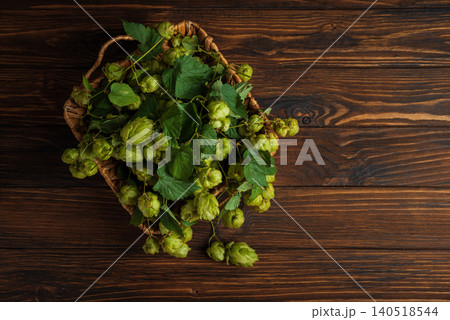 Fresh hops in basket on rustic wooden background Fresh hops in basket on rustic wooden background 140518544