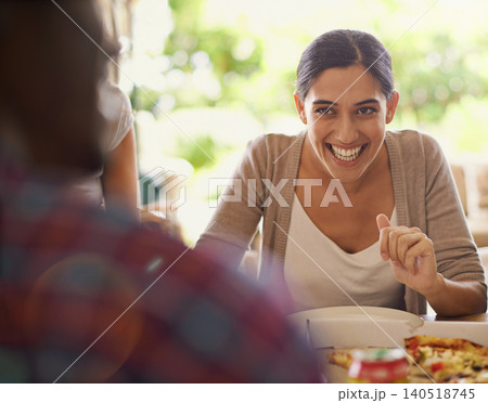 Pizza, happy and social gathering with group of friends eating together in restaurant for bonding. Smile, funny or laughing with young woman enjoying fast food for party, hunger or conversation 140518745
