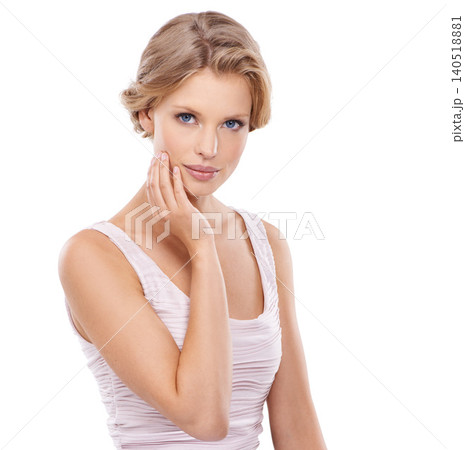 Skincare, beauty and portrait of woman on a white background for facial, wellness and health. Dermatology, salon aesthetic and isolated person with confidence, natural skin and cosmetics in studio Skincare, beauty and portrait of woman on a white background for facial, wellness and health. Dermatology, salon aesthetic and isolated person with confidence, natural skin and cosmetics in studio 140518881