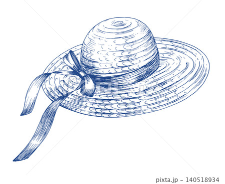 Straw hat with a bow. Handmade ink illustration. For design of cards, cover, prints, product labels and fabric. Straw hat with a bow. Handmade ink illustration. For design of cards, cover, prints, product labels and fabric. 140518934