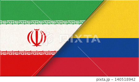 Double flag of Iran and Colombia on fabric texture. Two flags together. Double flag of Iran and Colombia on fabric texture. Two flags together. 140518942
