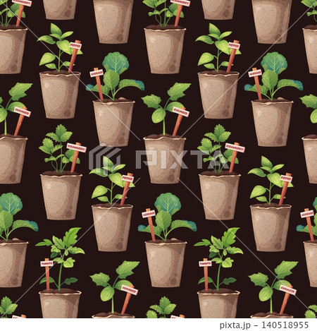Gardening Seamless Pattern with Vegetable Seedlings in Peat Pots and Wooden Markers. Flat Vector Design with Green Plants and Earthy Tones. Perfect for Textile, Fabric, Wrapping Paper and Background. Gardening Seamless Pattern with Vegetable Seedlings in Peat Pots and Wooden Markers. Flat Vector Design with Green Plants and Earthy Tones. Perfect for Textile, Fabric, Wrapping Paper and Background. 140518955