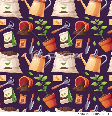 Gardening Seamless Pattern with Watering Cans, Soil Bags, Tools and Seed Packets. Flat Vector Illustration with Green Plants. Perfect for Textile, Fabric, Wrapping Paper and Background. Gardening Seamless Pattern with Watering Cans, Soil Bags, Tools and Seed Packets. Flat Vector Illustration with Green Plants. Perfect for Textile, Fabric, Wrapping Paper and Background. 140518961